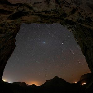 Meteor shower at the gate of the sky